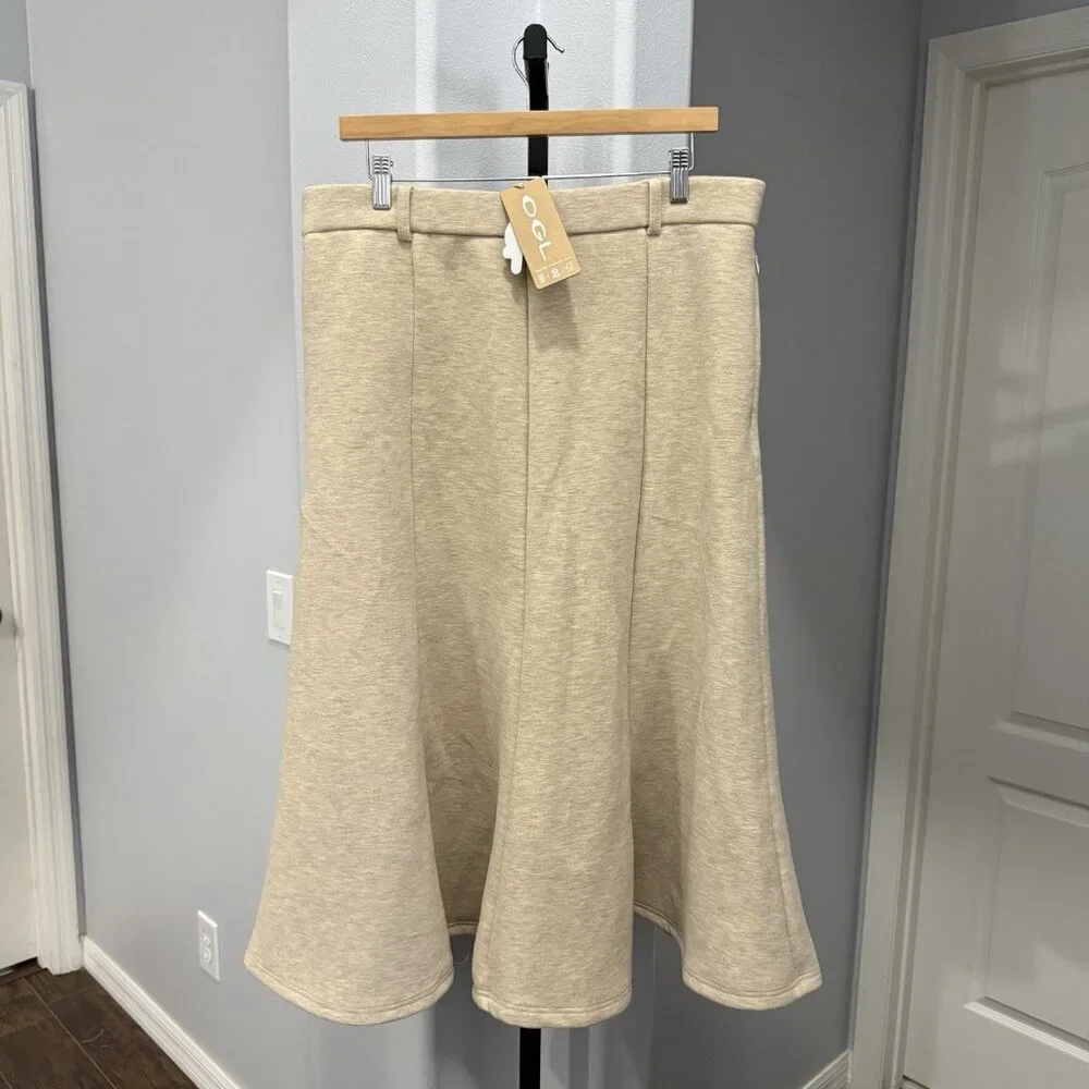 NWT OGL Wool Blend Flared Midi Maxi Skirt Size L Heathered Oatmeal Women’s - Picture 2 of 7